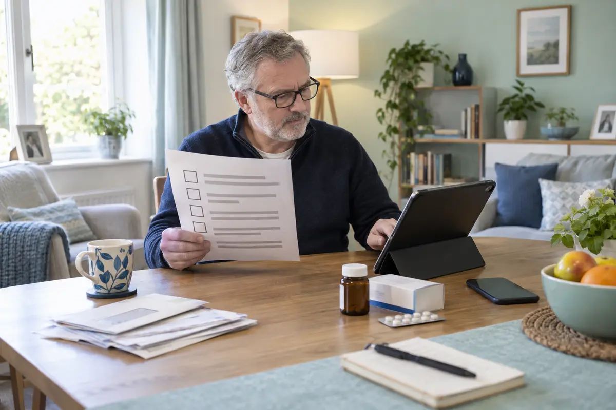 A man with sight loss using a tablet at home with a mug and printed information beside him