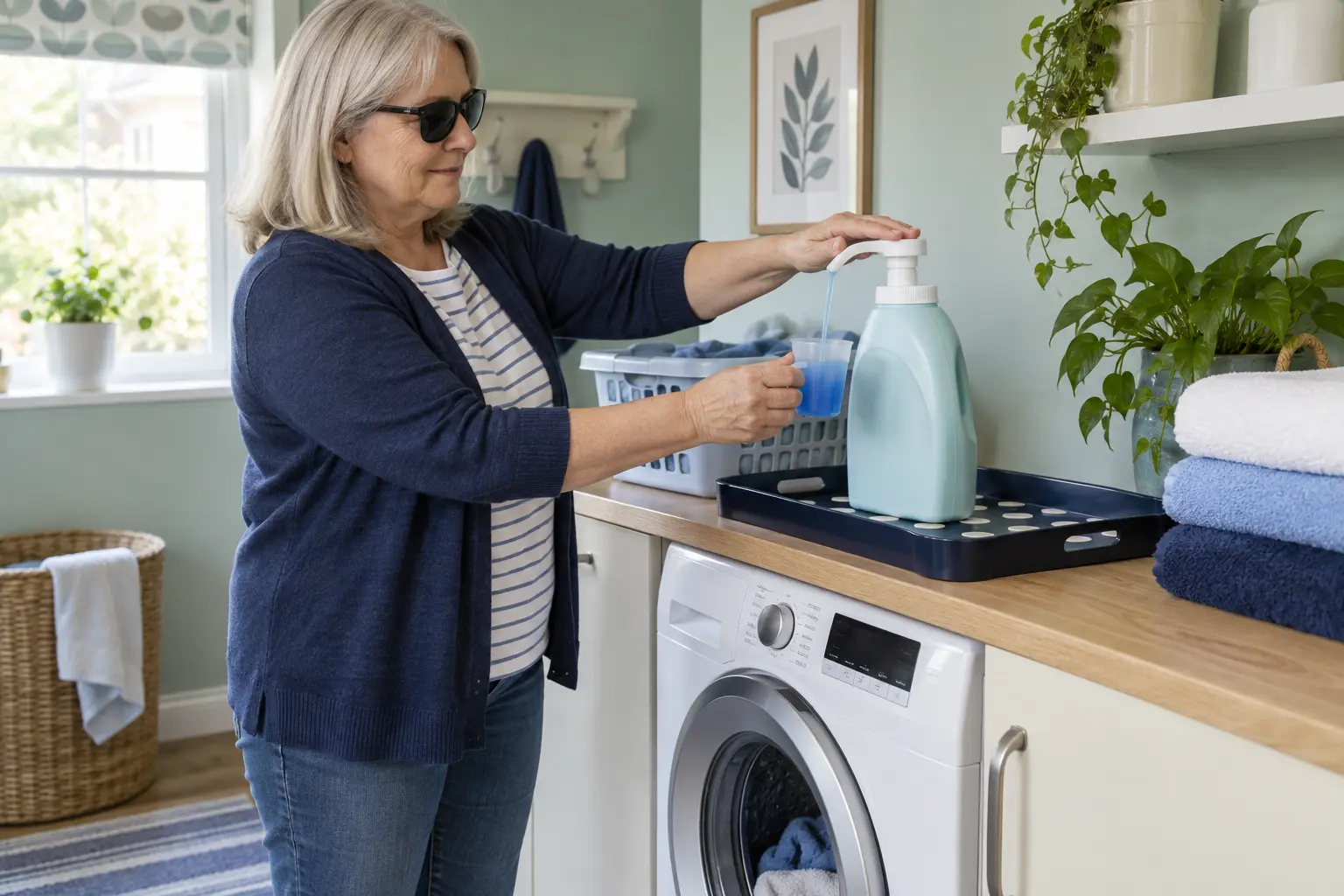 A woman measuring liquid detergent beside a washing machine