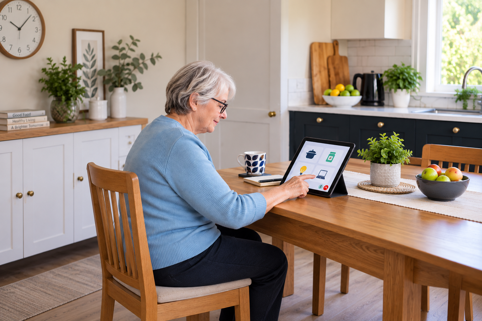 Older woman using a tablet with large accessible icons at a kitchen table