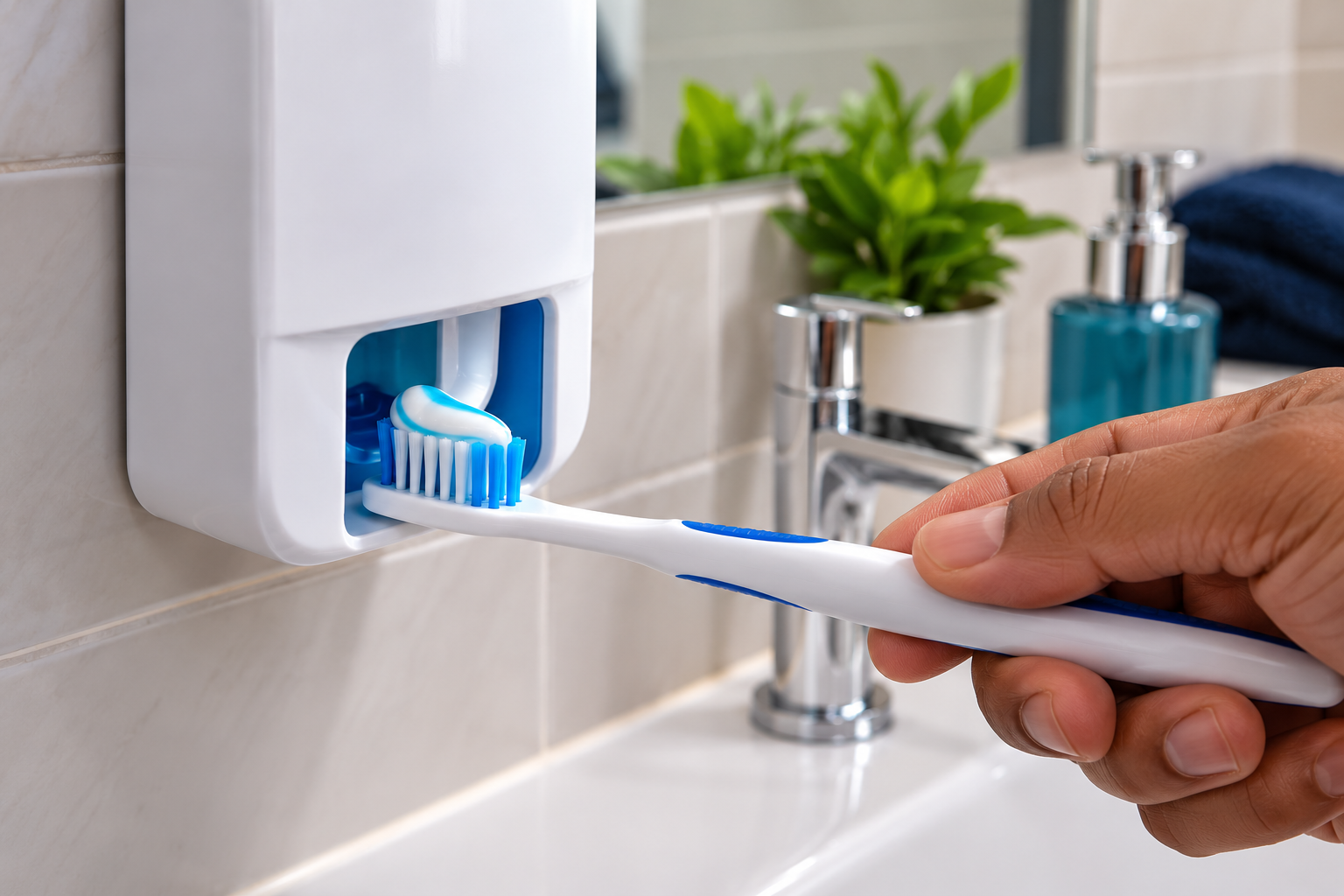 An organised bathroom sink with a toothbrush and toothpaste