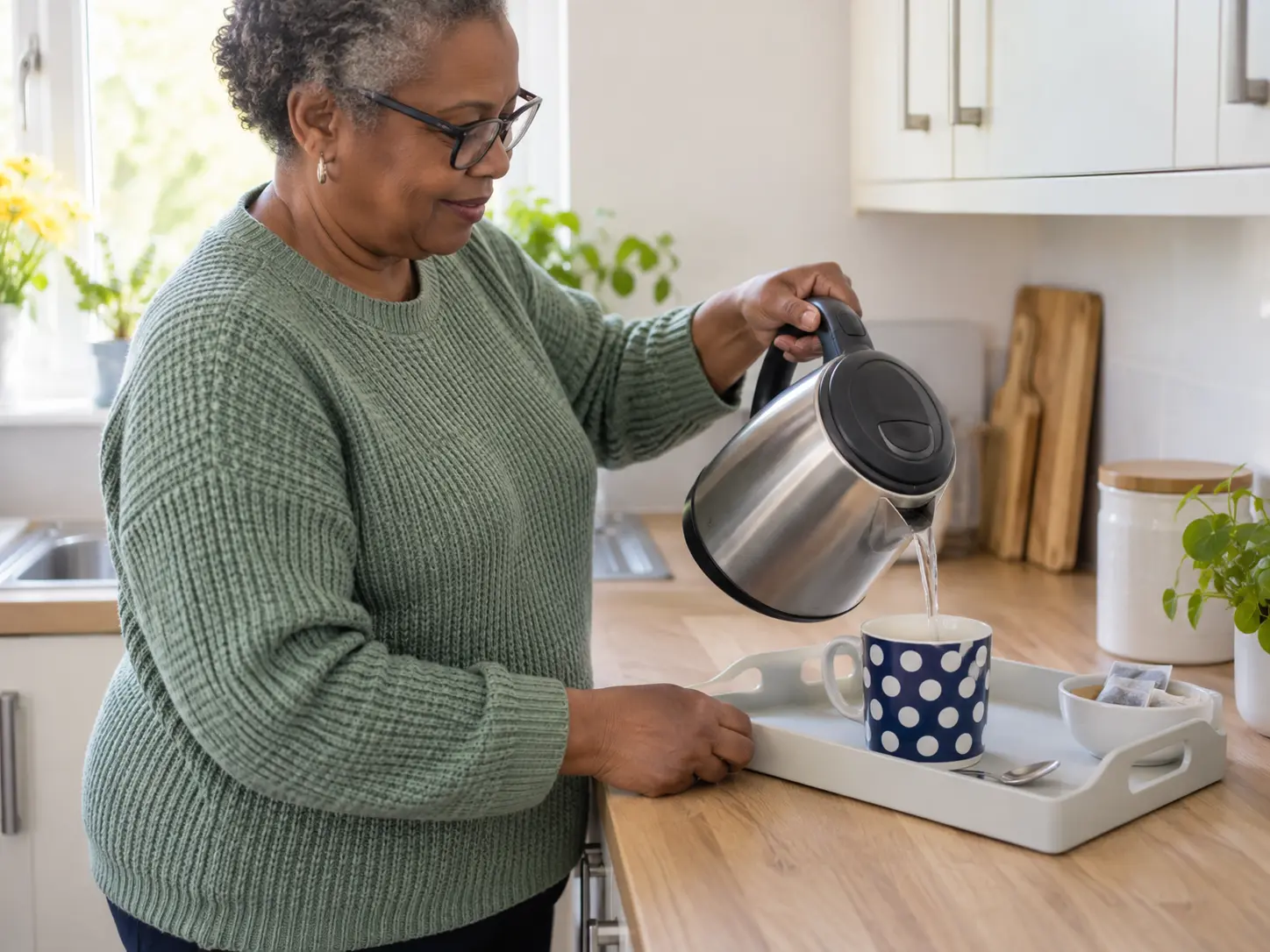 A woman making a hot drink using a clear, organised setup