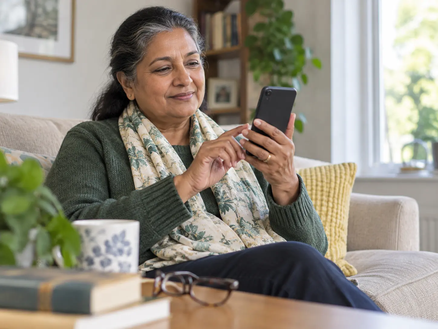 A woman using a smartphone to access practical information