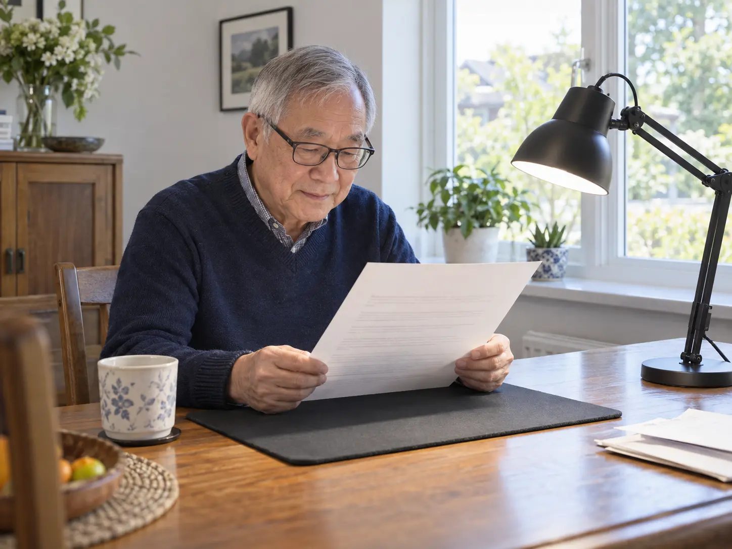 A man using a magnifier and task light to read at home