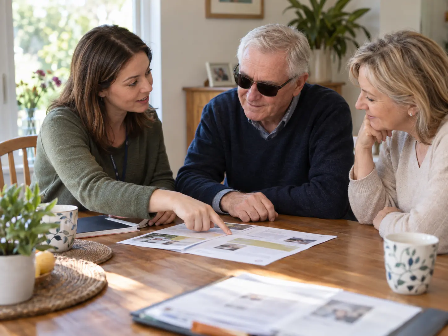 A vision rehabilitation specialist discussing clear next steps with clients