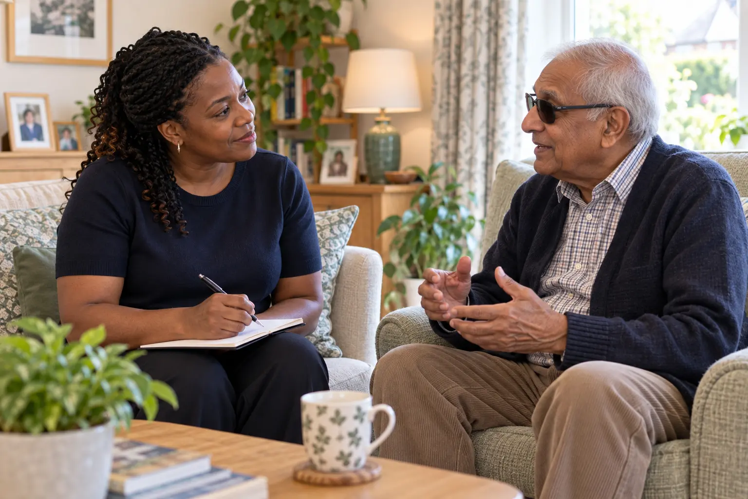 A vision rehabilitation specialist listening carefully to a client