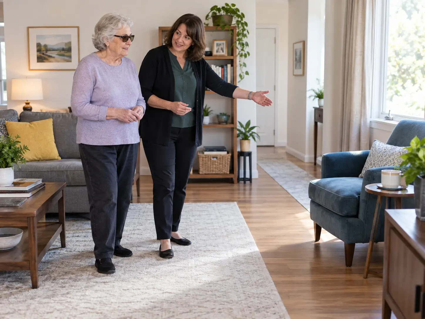 A specialist and client discussing safe movement and room layout at home