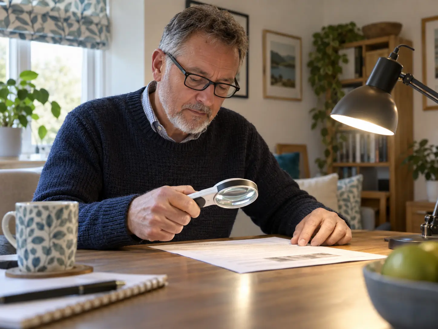 A man reading with a task light and magnifier at home