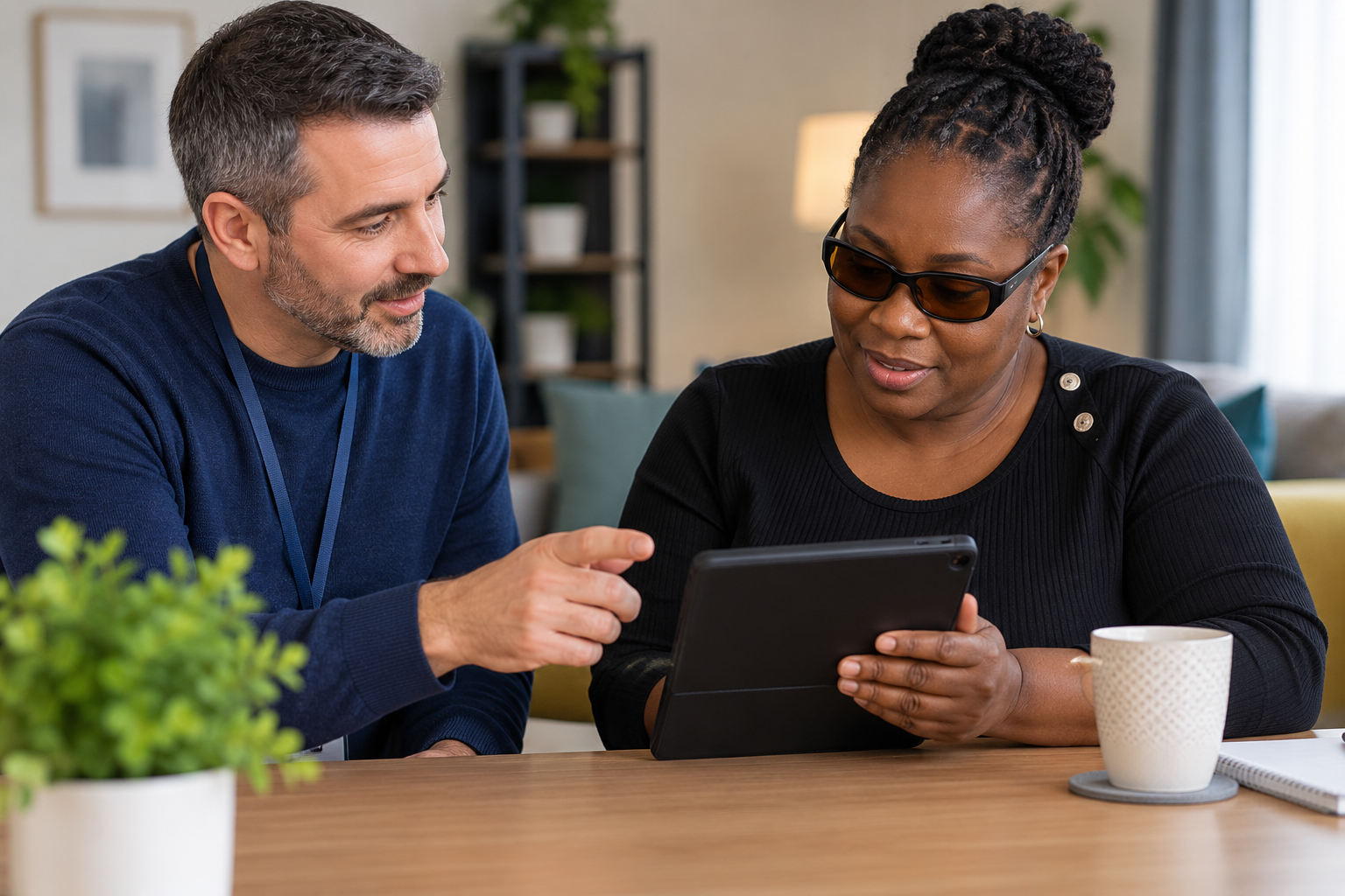 A professional discussing sight-loss support with an older woman