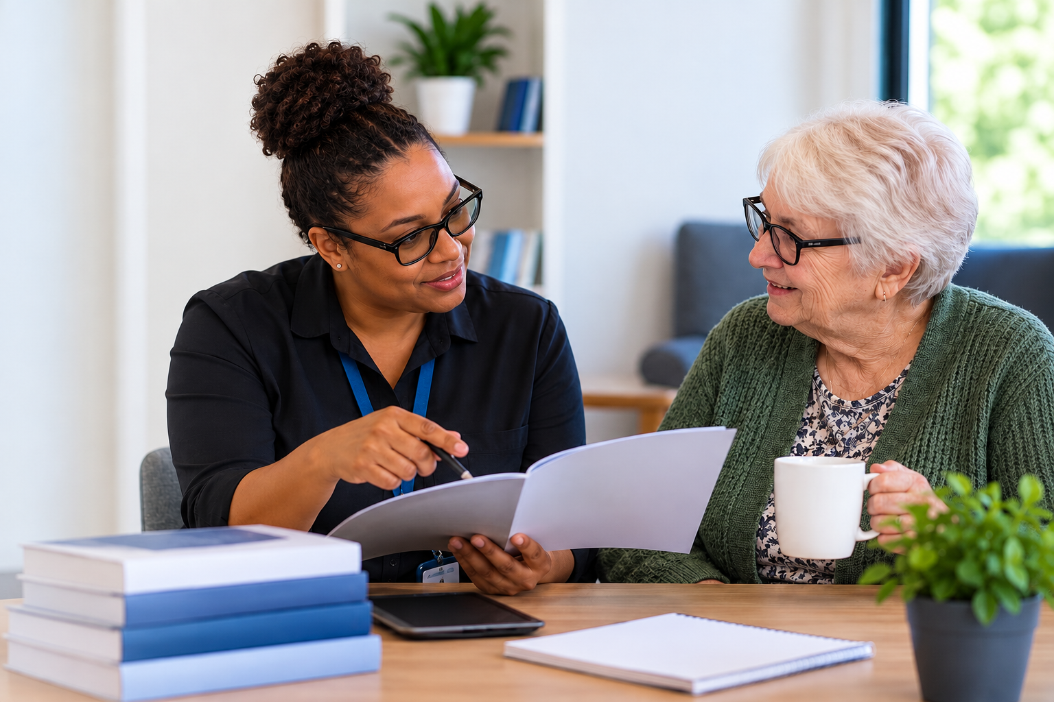 A vision rehabilitation professional talking with an older woman during a consultation