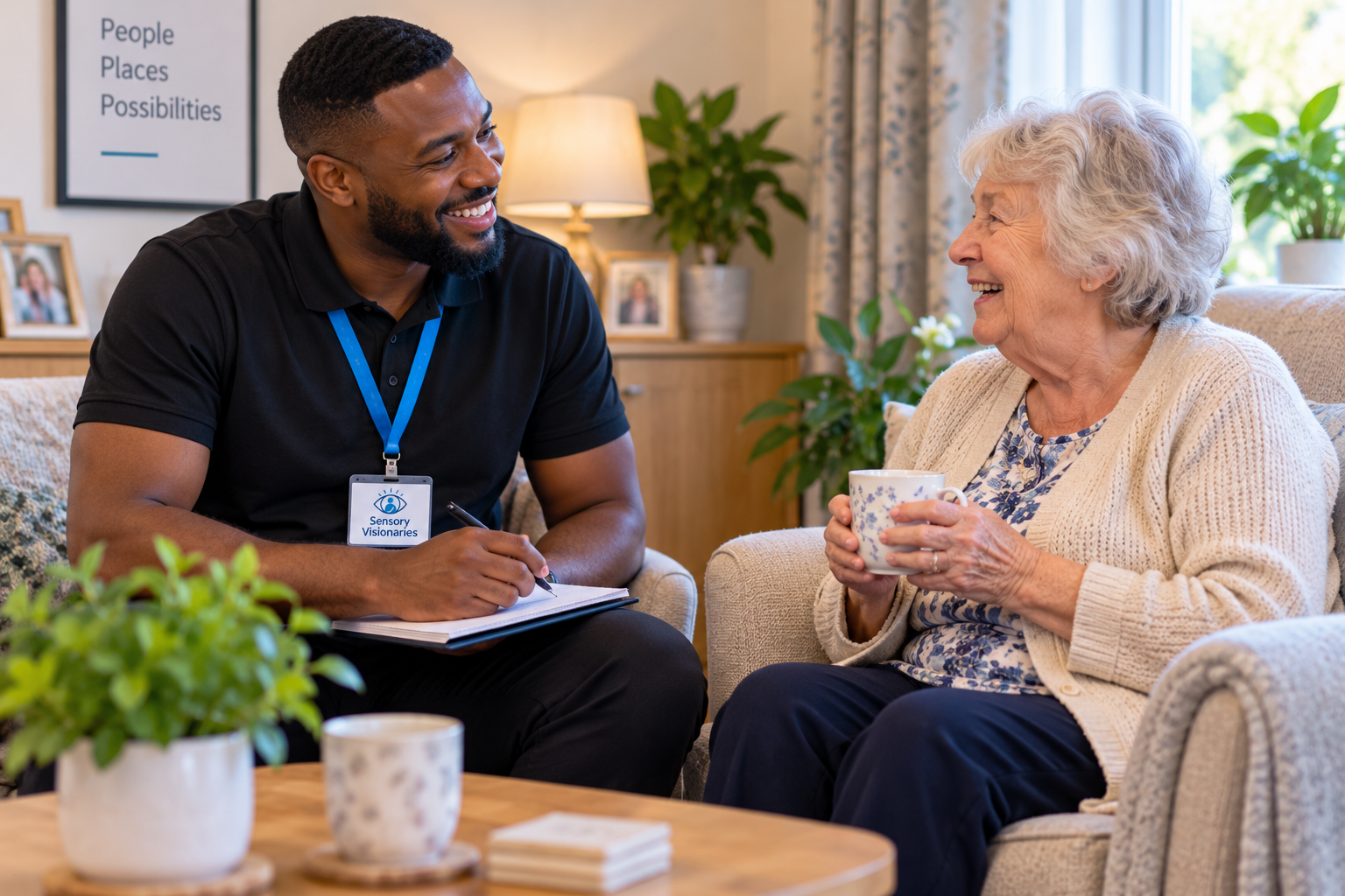 A vision rehabilitation specialist supporting an older woman at home