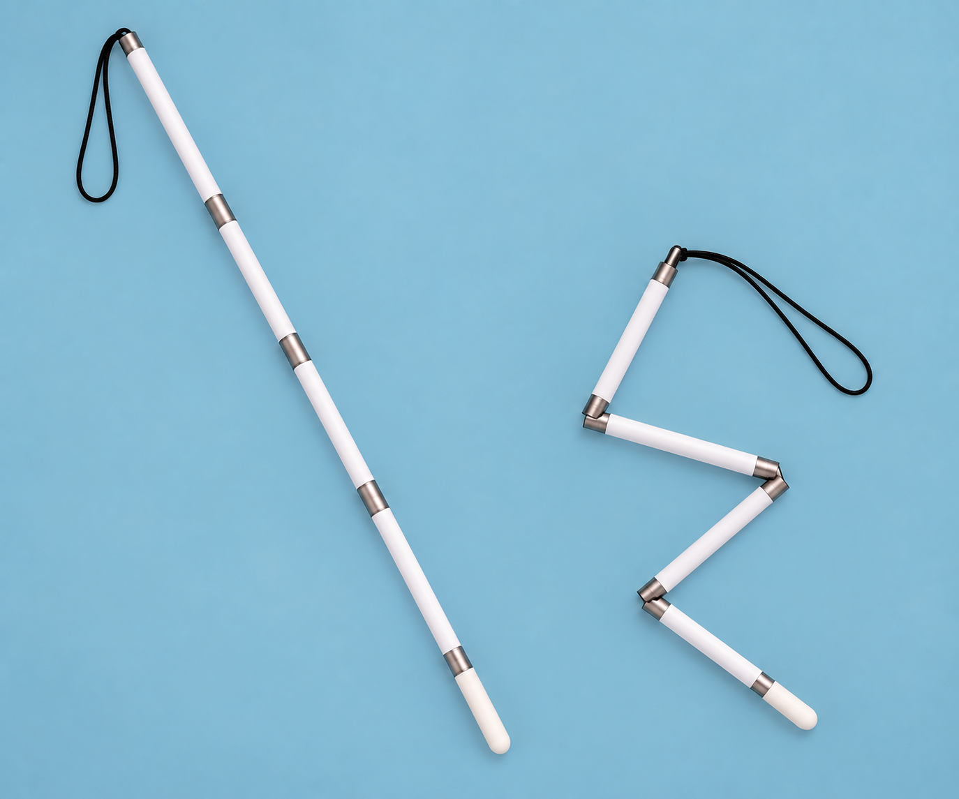 A medium-length folding white guide cane with a straight pencil-style tip, shown open and folded