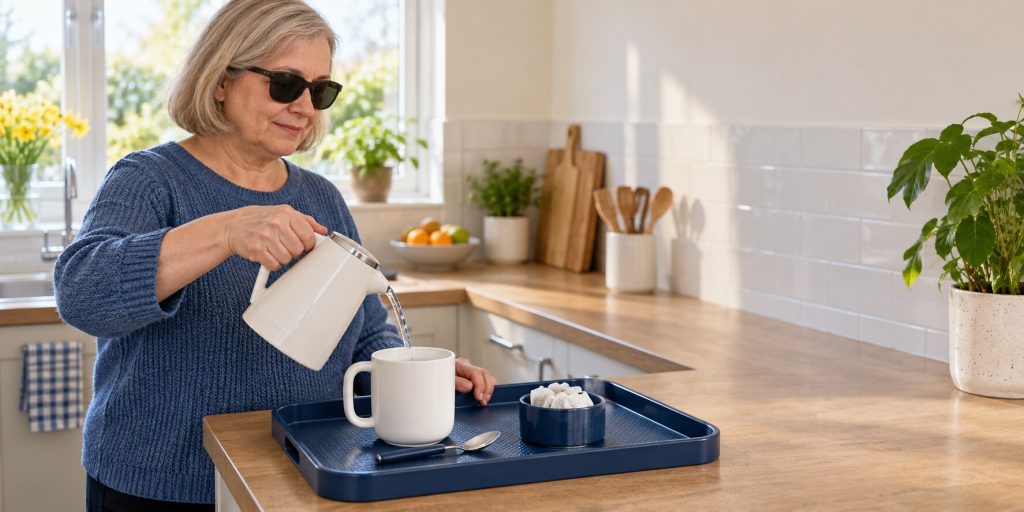 A partially sighted woman preparing a hot drink on a contrasting tray in her kitchen