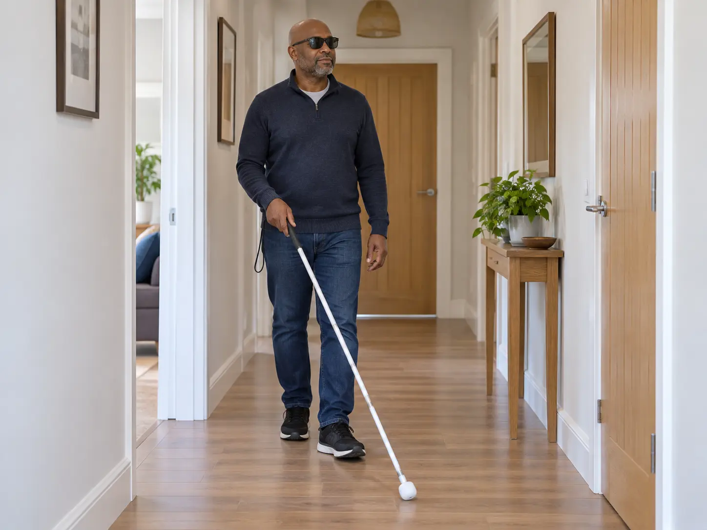 A blind man shown fully in frame using an all-white long cane while walking indoors at home