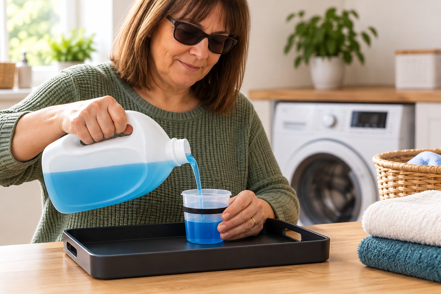 A partially sighted woman measuring blue laundry detergent into a high-contrast dosing cup over a tray