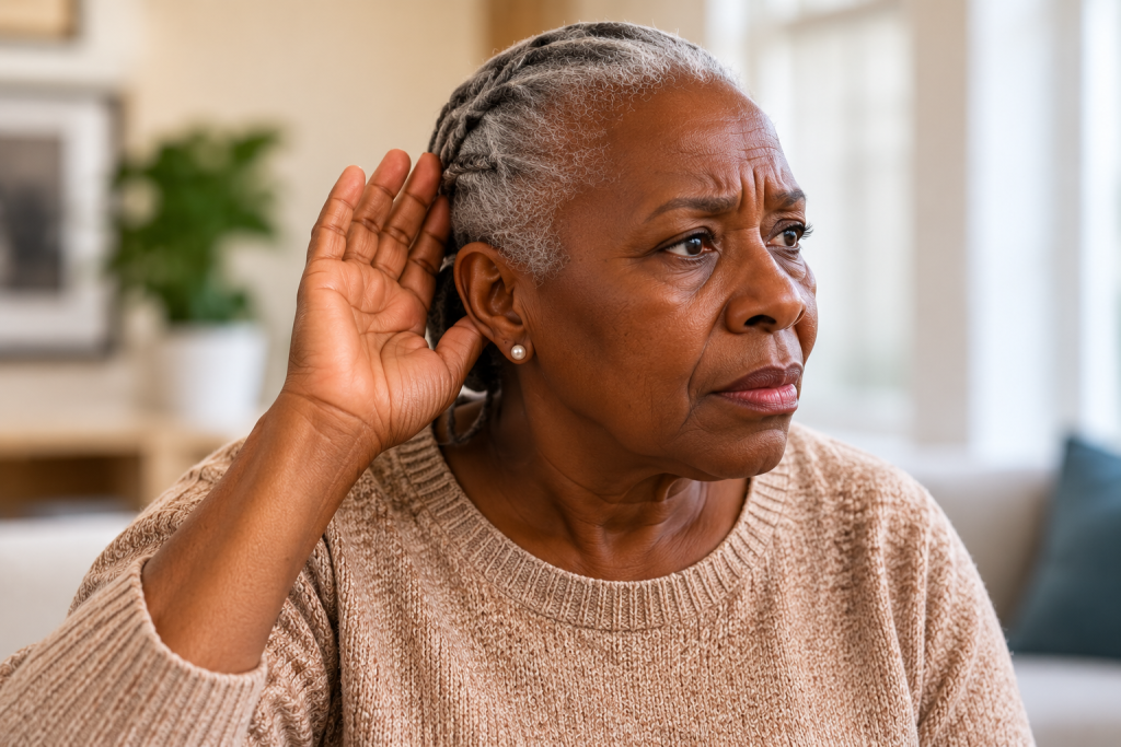 Illustration supporting recognition of possible hearing loss and signs that a person may be having difficulty hearing or following communication.