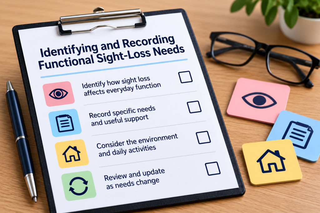Illustration showing functional sight-loss needs being identified and recorded clearly for staff to understand and use.