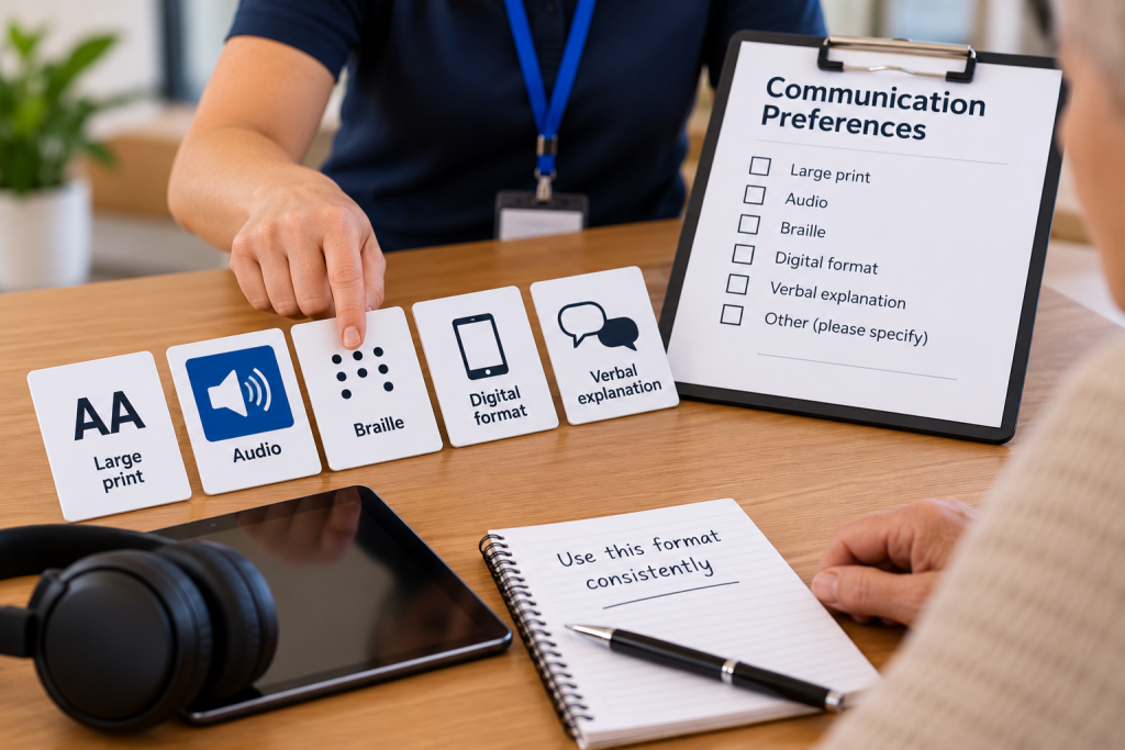 Illustration showing a person's accessible communication preferences being identified and recorded.