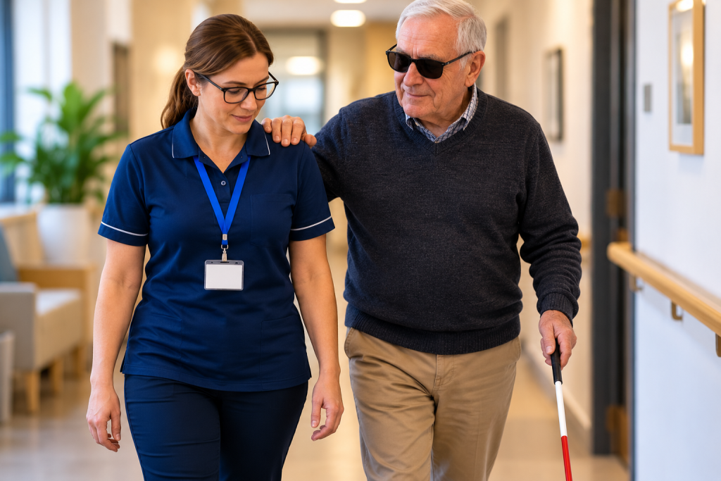 Person with sight loss using a long cane while walking with a staff member using sighted-guide technique in an indoor corridor.