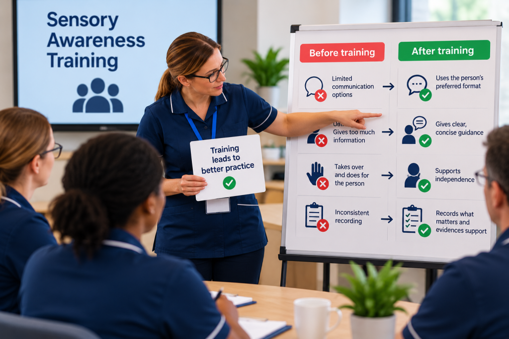 Illustration showing how sensory training should lead to observable changes in staff practice, not simply completion of training.