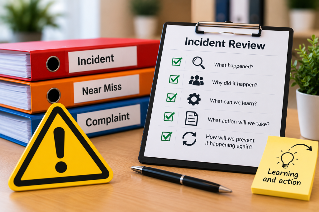 Illustration showing learning from a sight-loss incident, near miss or complaint and using it to improve support.