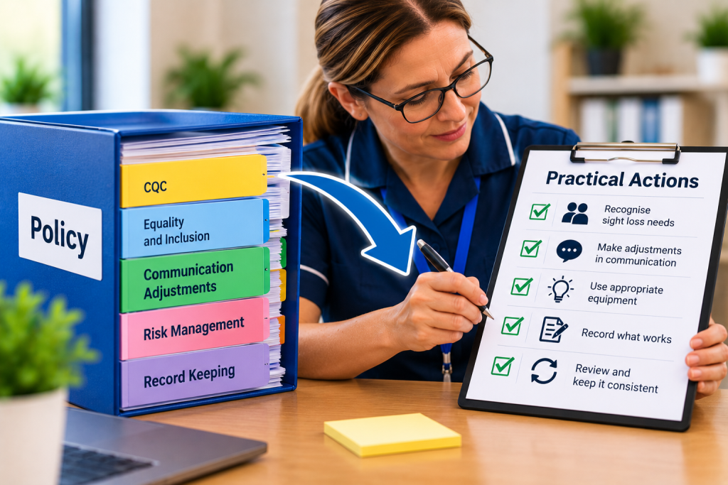 Illustration showing sight-loss policies being translated into practical actions that staff can use in everyday support.