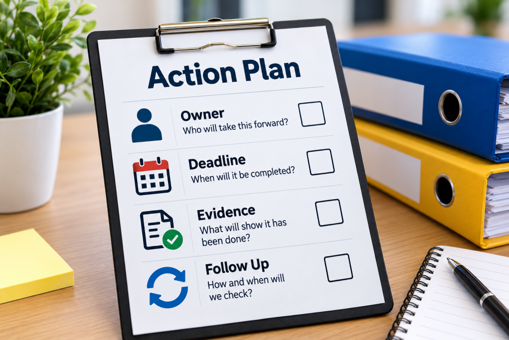 Illustration showing sight-loss actions given clear ownership, responsibility and follow-up.