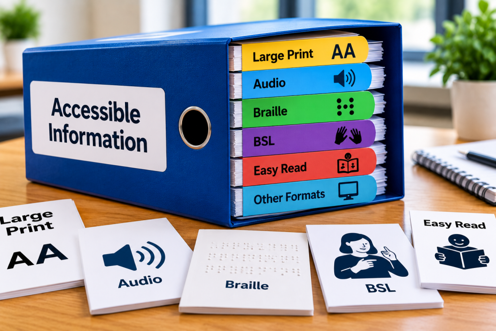 Illustration showing accessible information and communication needs being recognised and maintained across the person's whole service journey.
