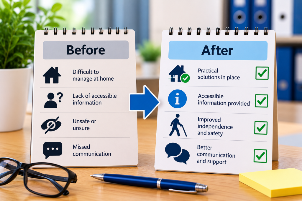Illustration showing how feedback or specialist advice leads to a recorded change in support or practice.