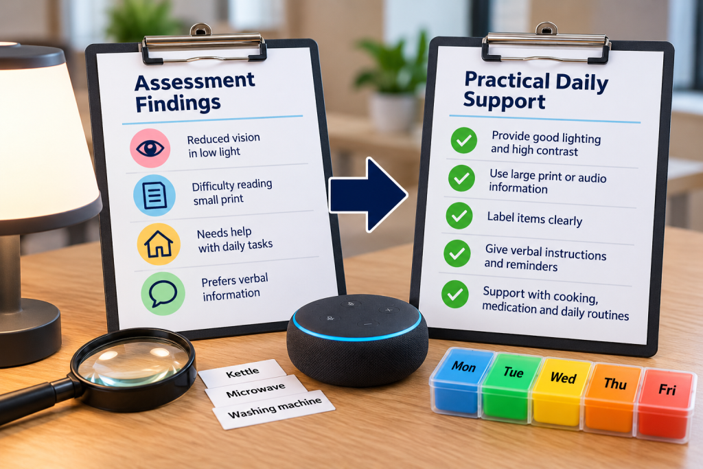 Assessment findings linked to practical daily support, including lighting and contrast, accessible information, clear labels, verbal instructions and support with daily routines.