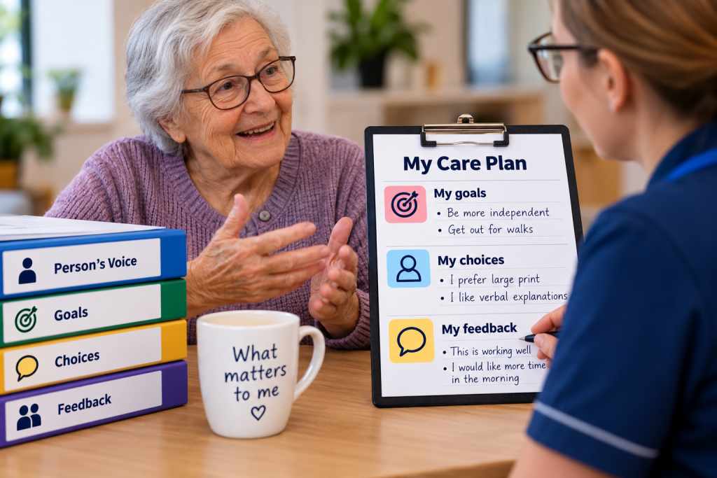 Older woman discussing her care plan with a support worker, showing her goals, choices and feedback.