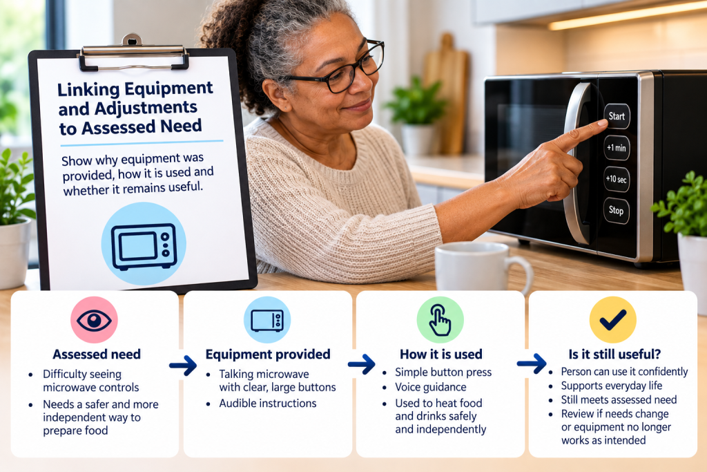 Woman using an accessible microwave alongside a four-step explanation linking assessed need, equipment provided, how it is used and whether it remains useful.