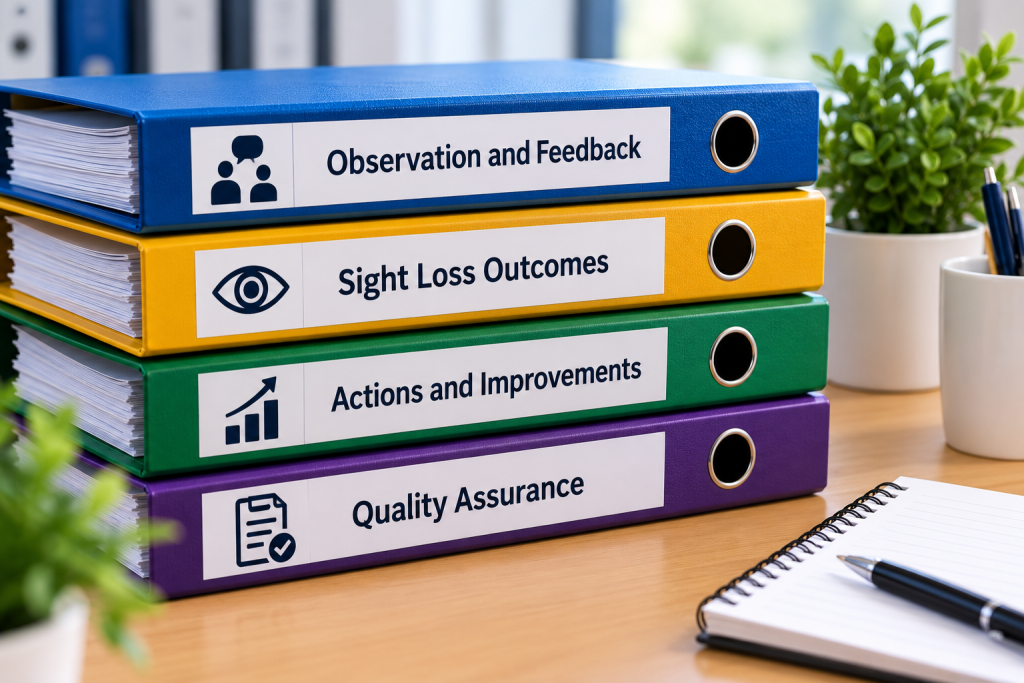 Four audit folders labelled Observation and Feedback, Sight Loss Outcomes, Actions and Improvements, and Quality Assurance.