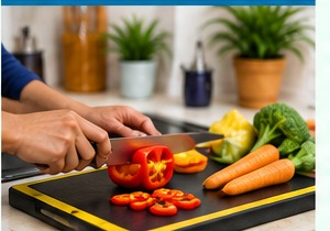 Person preparing food at an organised kitchen work surface